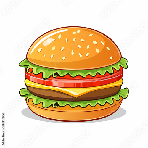 Cartoonish illustration of a delicious and appetizing burger isolated on a white background