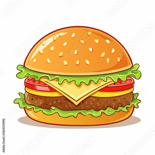 Delicious cartoon burger illustration with sesame seeds and fresh ingredients