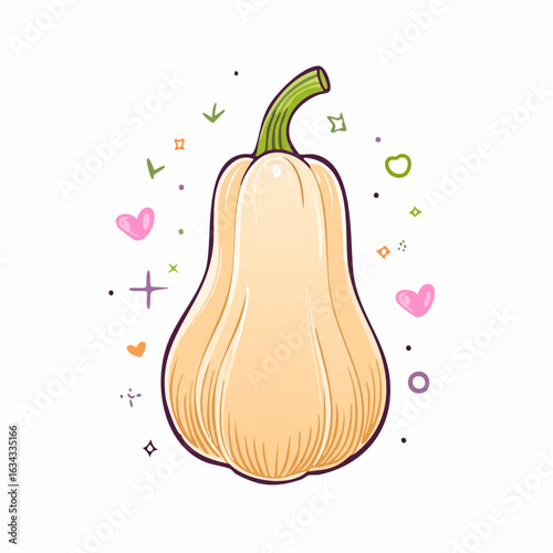 Charming butternut squash illustration with whimsical details and soft color palette