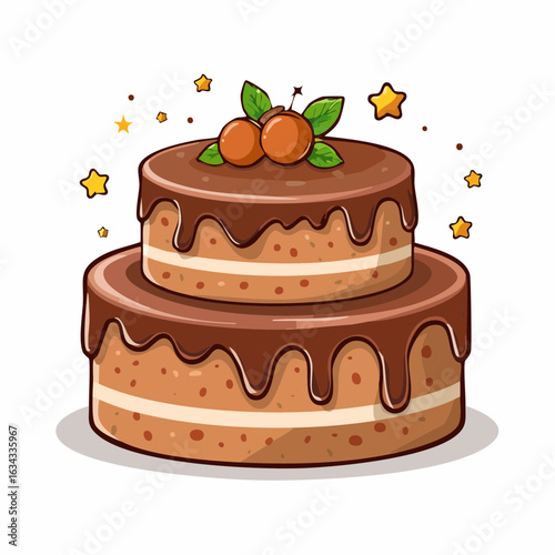 Whimsical chocolate cake illustration with cherry and star decorations for celebrations