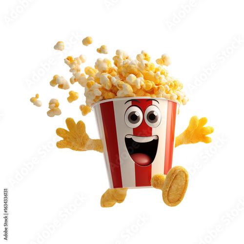 Hilarious popcorn bucket cartoon character jumping in excitement Isolated on Transparent Background