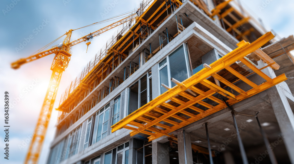 Fototapeta premium Modern construction site with crane and building framework, showcasing urban development and architectural progress