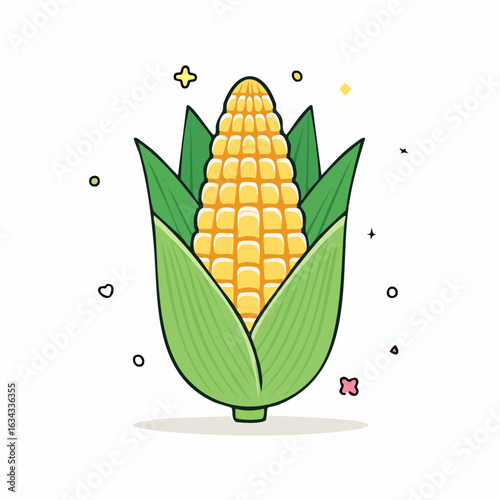 A whimsical illustration of a ripe ear of corn with vibrant colors and playful accents