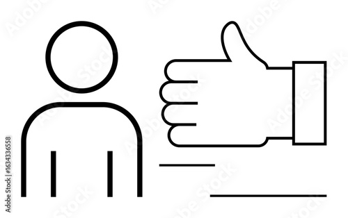 Abstract figure of a person next to an oversized hand gesture symbolizing approval, support, or encouragement. Ideal for teamwork, success, collaboration, motivation, leadership, feedback simple
