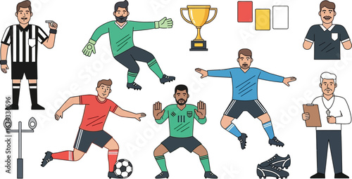 Illustration showing soccer players referee coach trophy cards lights and soccer shoes on a white background