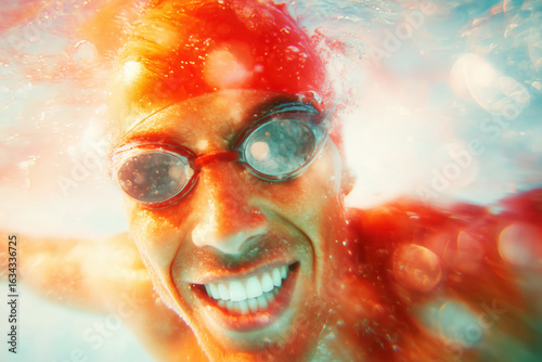 action photo of a triathlon swimmer with a beaming smile