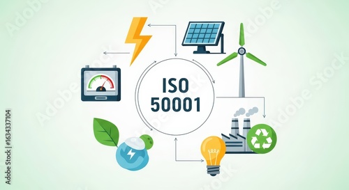 ISO 50001 an energy management-themed illustration with icons like a lightning bolt, solar panel, energy meter, and factory symbolizing energy efficiency and renewable power.