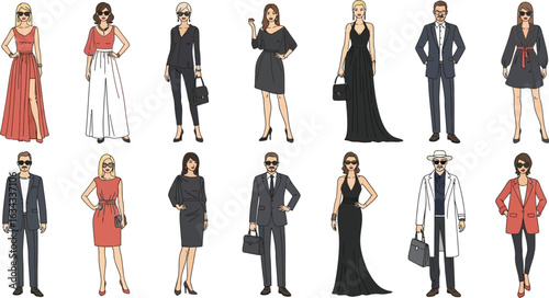 Collection of fashionable people wearing stylish outfits and sunglasses on a white background