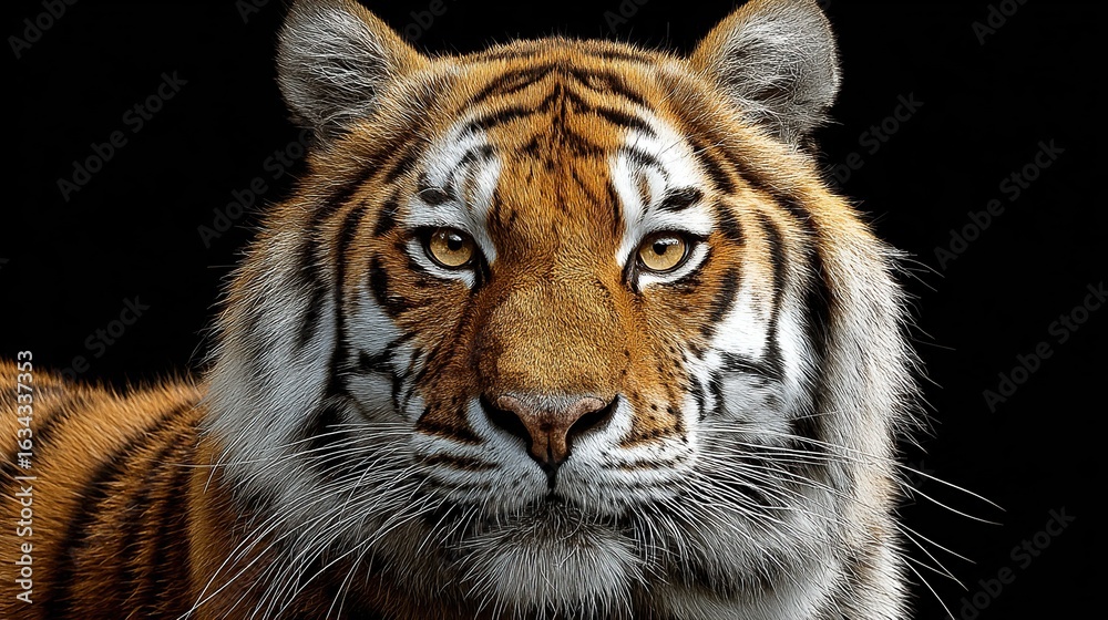 Fototapeta premium Tiger portrait direct stare, orange & black stripes, dark background fills the frame