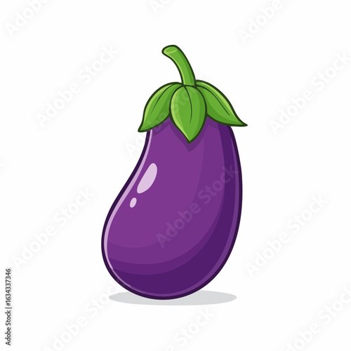 Illustration of a vibrant purple eggplant with green leaves and a cartoon style