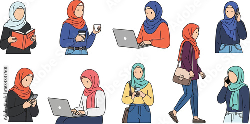 Illustrations of women wearing hijabs engaging in various activities on a white background