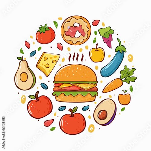 A colorful circle of diverse healthy food options promoting balanced eating habits
