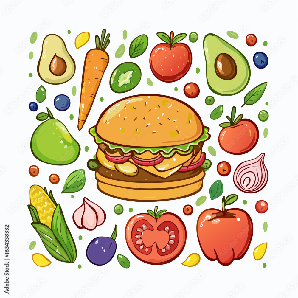 A Whimsical Cartoon Depiction of a Balanced Meal Featuring a Burger and Fresh Produce