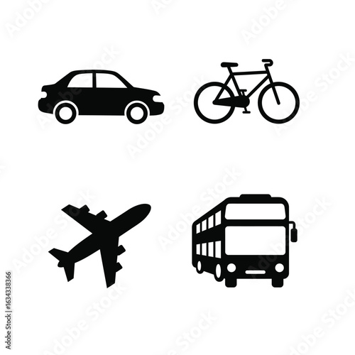 Black silhouette icons of car airplane bicycle and double decker bus automobile sedan