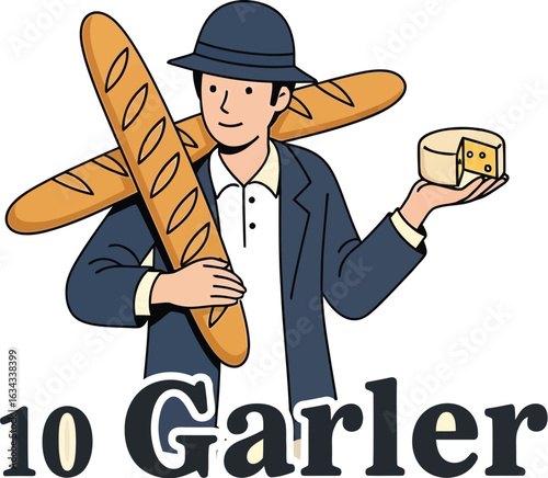 A man in a hat carrying baguettes and cheese with the words garler written on the bottom of the image