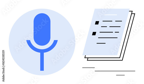 Blue microphone with a document, symbolizing speech-to-text, transcription, podcasts, or audio recording. Ideal for language learning, digital media, writing aid, podcasting voice notes data