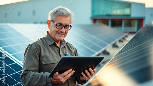 Experienced man in glasses checks tablet on solar panel array rooftop.