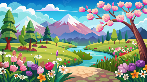 very beautiful  spring landscape panorama with flowering flowers on meadow