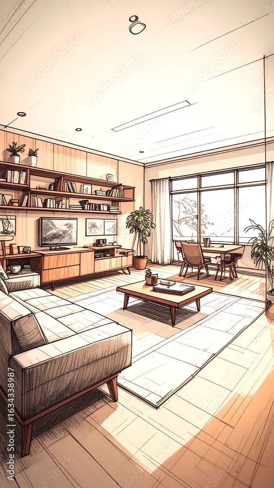 Naklejka premium Interior sketch of a modern living room
