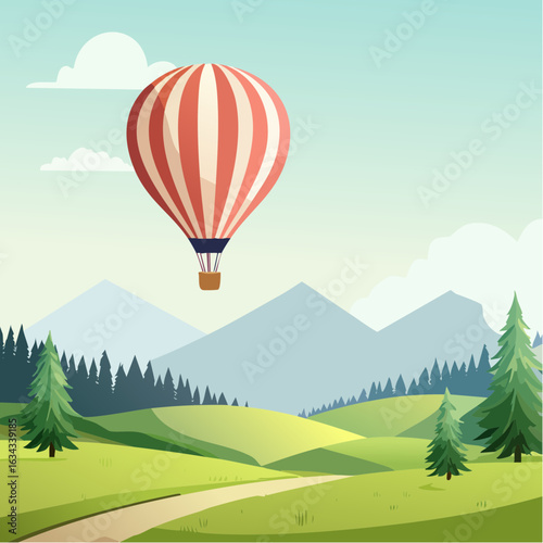 Serene Landscape Featuring a Hot Air Balloon Over Rolling Hills and Evergreen Forests