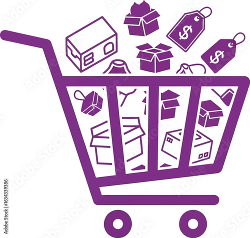 A purple shopping cart filled with boxes and price tags on a white background illustration style