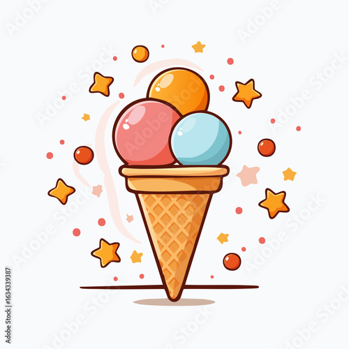 Cartoon ice cream cone with colorful scoops and stars, representing summer treat joy