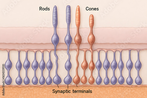 Eye's Cellular Anatomy: A meticulously detailed illustration showcases the intricate structure of retinal rods and cones, essential components of human sight.