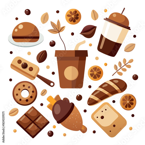 Coffee Beans, Cups and Breakfast Items Top View Vector Set