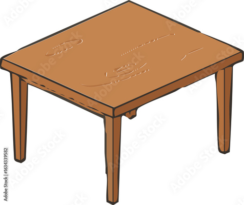 A simple illustration of a four-legged brown wooden table with wood grain details.