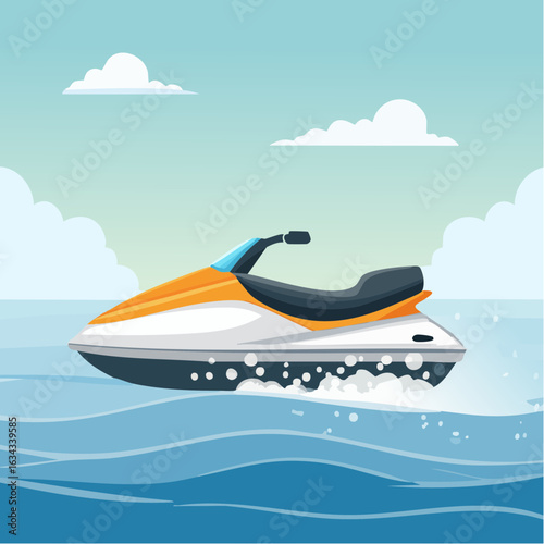 A vibrant illustration of a jet ski gliding across the tranquil turquoise waters of a sea