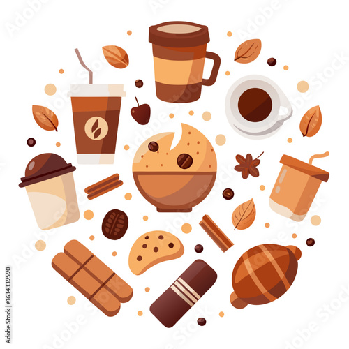 Coffee Beans, Cups and Breakfast Items Top View Vector Set