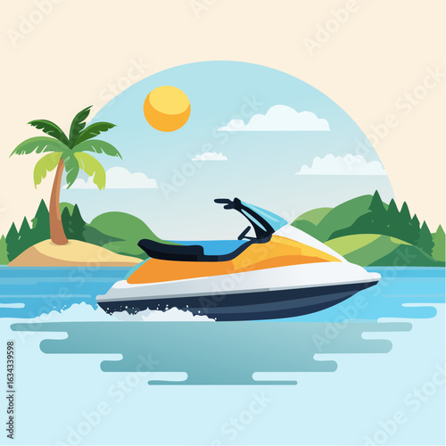 A sunny getaway: Vector illustration of a jet ski cruising near a tropical island paradise