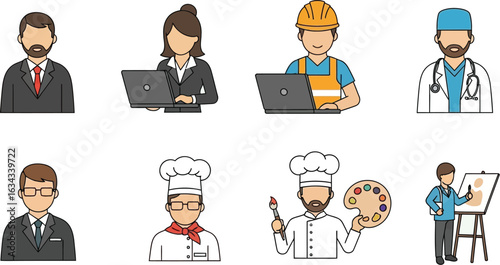 Illustration of diverse professions including business chef doctor and construction worker on white background