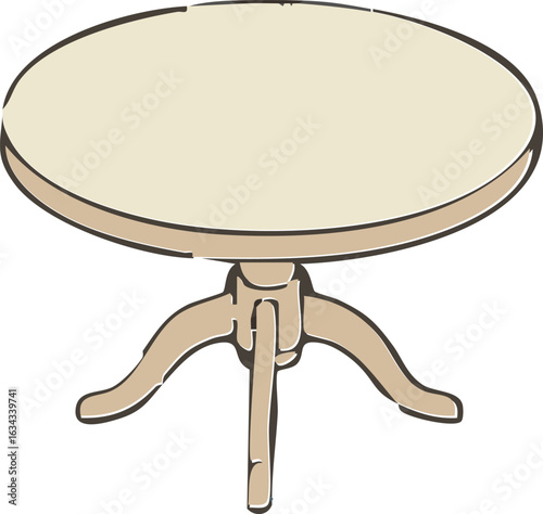 A classic illustration of a round, light-colored wooden pedestal table with three curved legs.