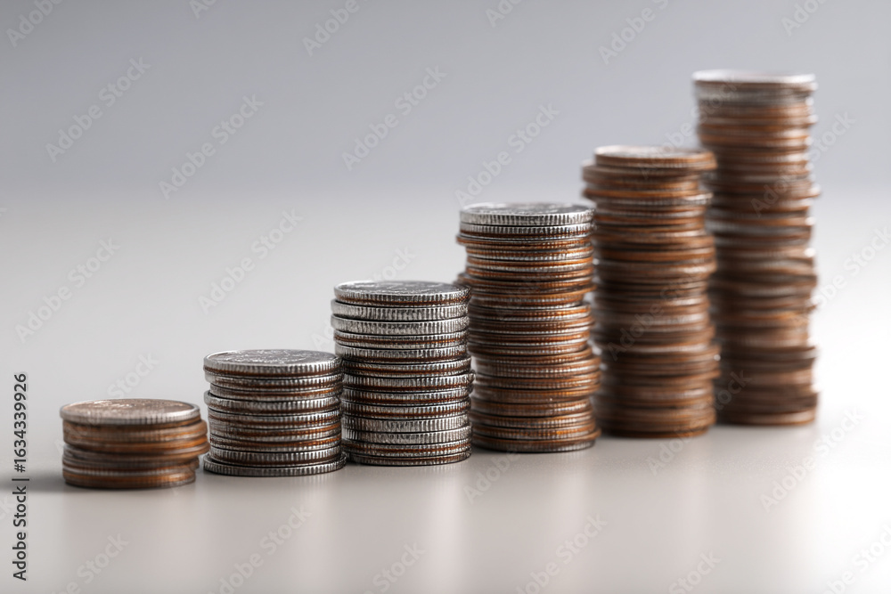 Coins stacked into stair-like rows on a clean surface to represent financial growth and progression Coins stacked into stair-like rows on a clean surface to represent financial growth and progression