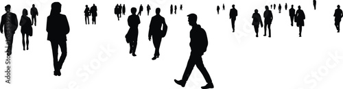 Silhouettes of people walking in various directions, urban crowd scene, business commuters, minimal white background, social movement illustration