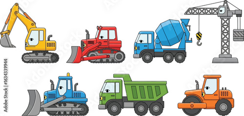 Illustration of construction vehicles including excavator bulldozer and crane on white background