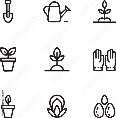 Gardening and agriculture vector icon set minimalist line style shovel,watering can,plant,flower pot,gloves,seeds,seedlings,gardening tools