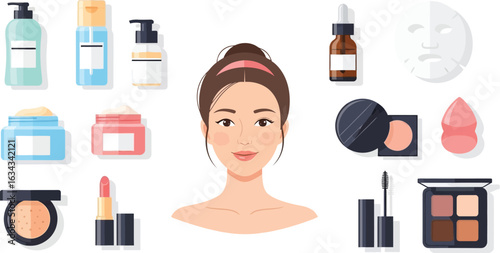 Flat lay illustration of a woman's face surrounded by various skincare and makeup products on white