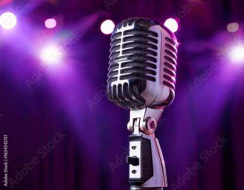 retro microphone shines on stage with purple lights
