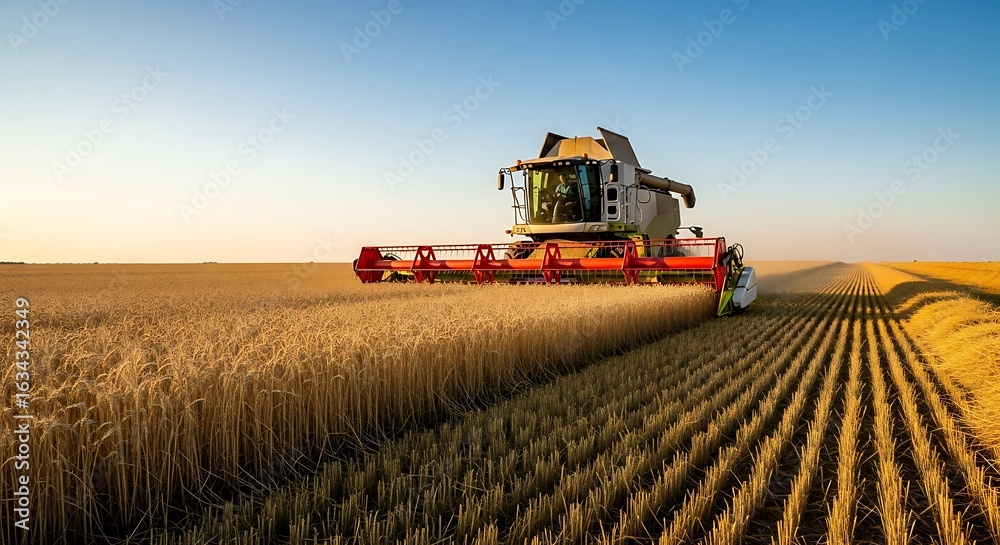 Fototapeta premium Golden harvest at sunset: combine harvester in a wheat field