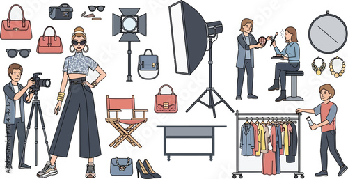 Illustration of a fashion photoshoot with model photographer and makeup artists in a studio setting