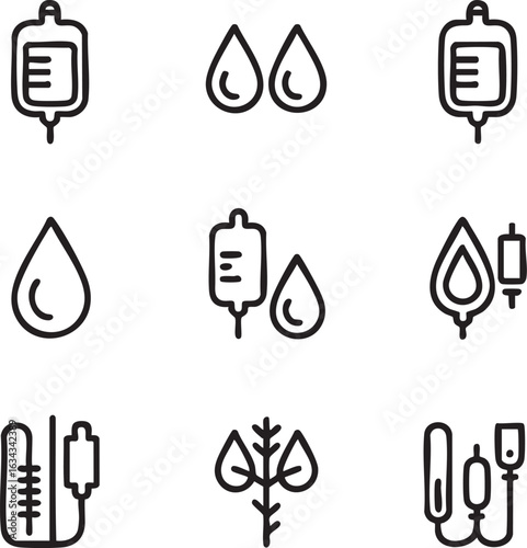 Iv drip vector icon set outline style,editable stroke intravenous therapy,saline solution,hydration,medical treatment,blood transfusion,fluid replacement,nutrition icon set