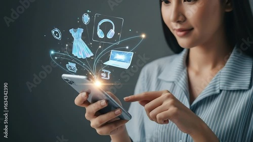 Modern woman enjoys convenient online shopping, with virtual products and secure payment options appearing from her phone.