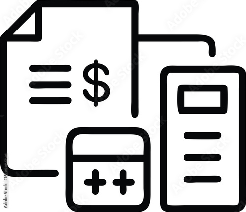 “Finance and Accounting Icons – Documents with Calculators, Dollar Signs, and Math Symbols”