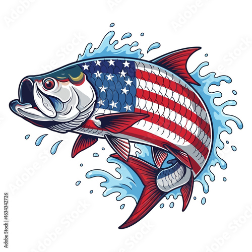 tarpon leaps from the water, its body patterned with the stars and stripes of the American flag