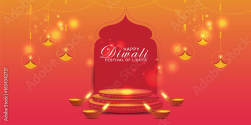Happy Diwali - festival of lights colorful banner template design with decorative Diya lamp