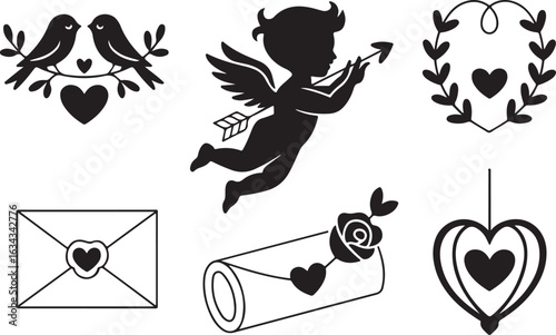 Cupid, love birds, hearts, and envelopes for romance