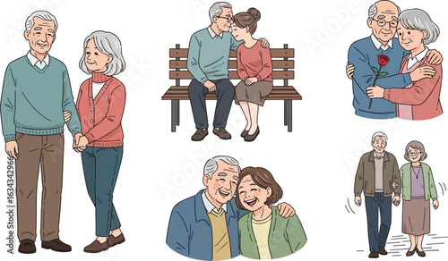 Illustrations of an elderly couple in various poses showing love and affection on a white background