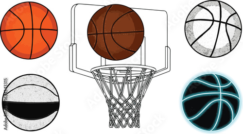 Create a kinds of deferent basketball, ball, sport, basket, game, team, vector, sports, competition, play, hoop, net, illustration,  vector art with white background.